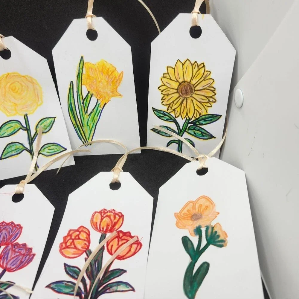Hand Crafted Floral Colorful Gift Tags Thank You Cards Set of 12